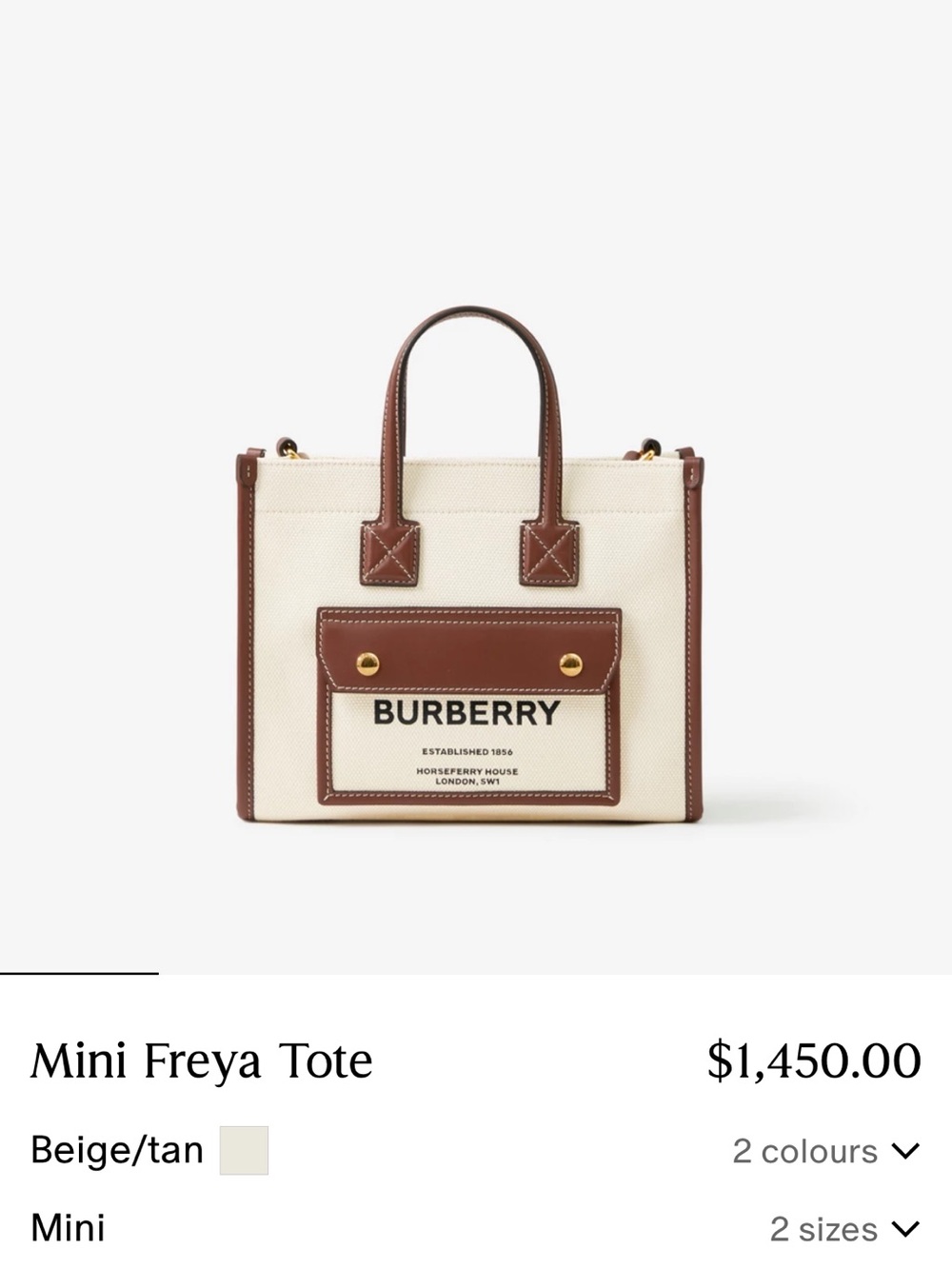 Burberry Mini Freys Tote in Cream Canvas w/Brown Leather Trim